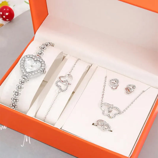 6PCS Set Luxury Women Watch Ring Heart Shaped Hollow Pendant Necklace Earring Rhinestone