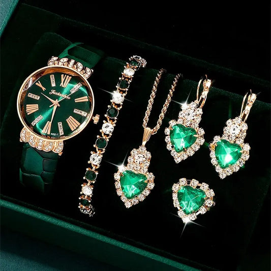 Women's Necklace Earrings Bracelet Set Peach Heart Green Leather Strap Quartz Wrist Watch