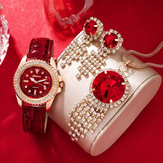 New Women's Watch Set Leather Band Ladies Quartz Wrist watch Rhinestone